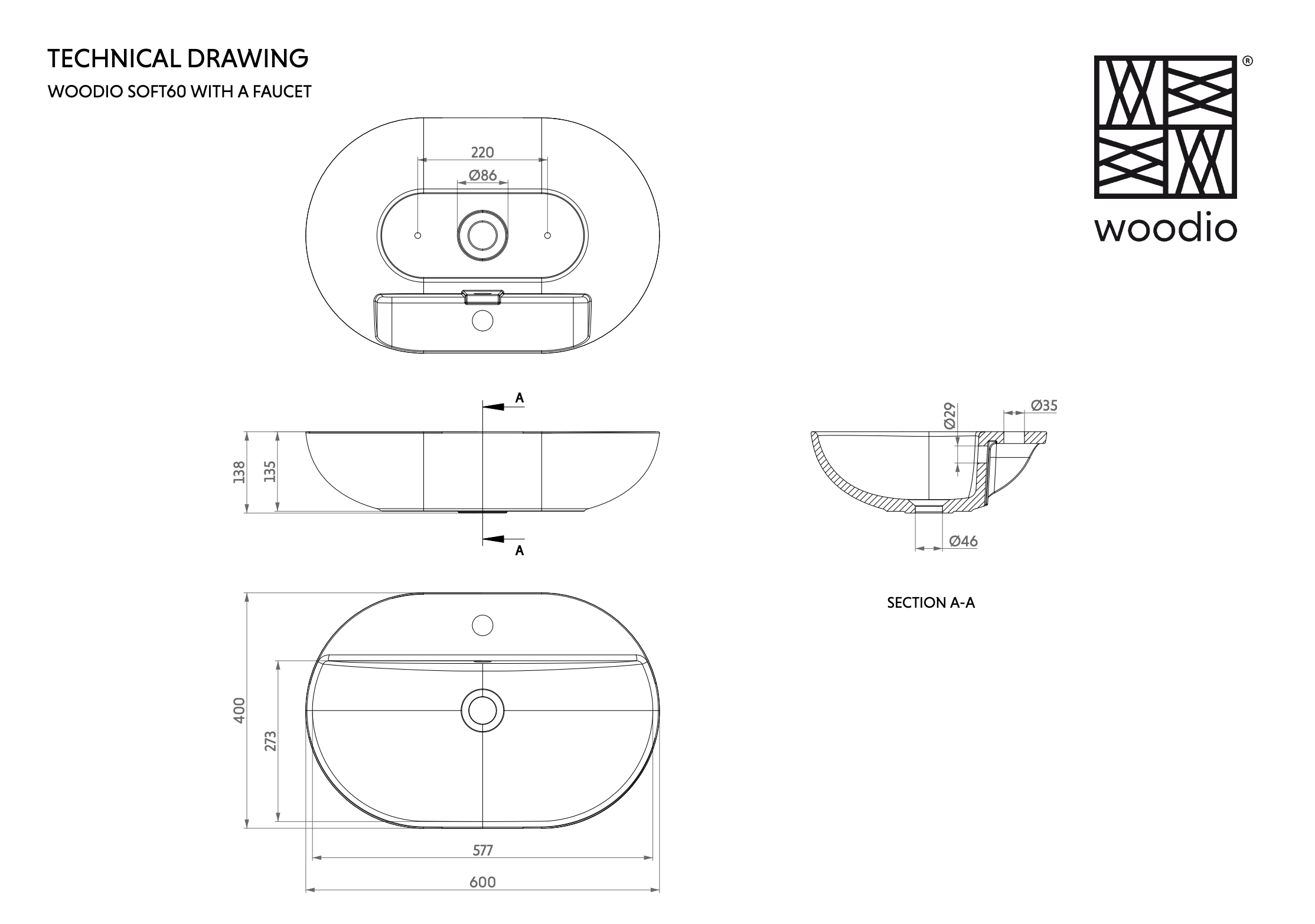 Woodio soft60 pesuallas hanapaikalla mittakuva