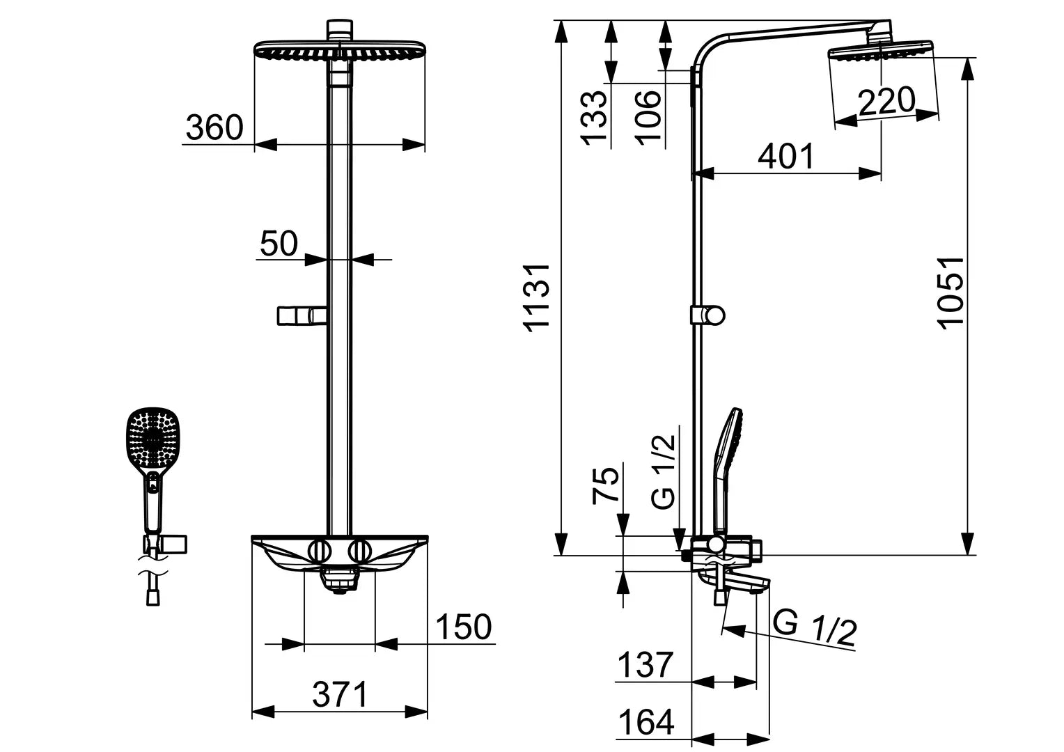 Oras Esteta sadesuihkuhana, 7591-11, kromi, mittakuva