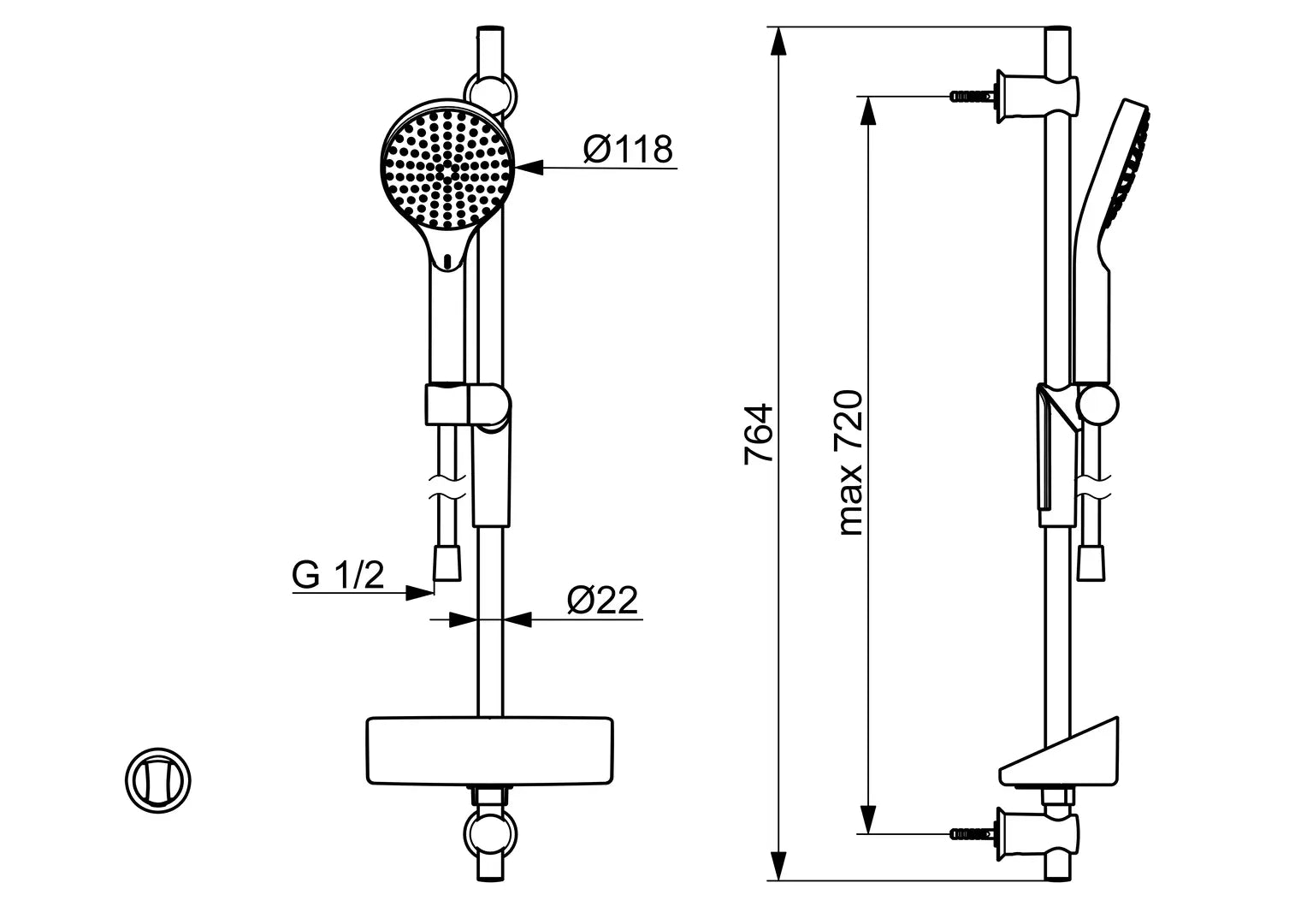 Oras Hydractiva Digital suihkusetti, Bluetooth, 420, kromi, mittakuva