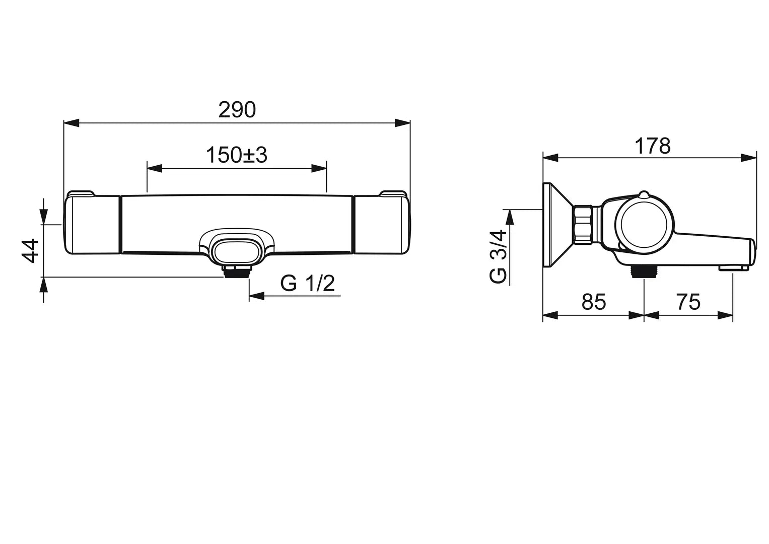 Oras Nova ECO, Suihkuhana juoksuputkella, 7462G-33, mattamusta, mittakuva, 6414150097614