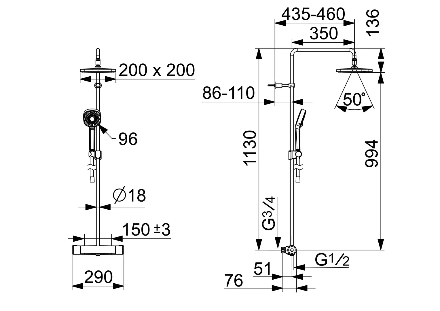 Oras Nova Style sadesuihkuhana, 7403, kromi, mittakuva