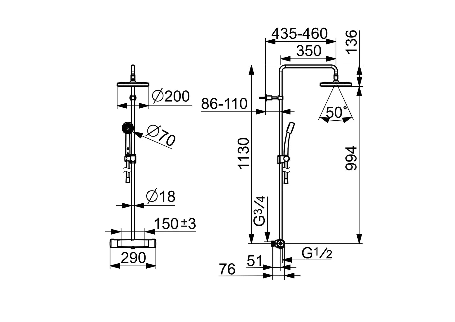 Oras Nova sadesuihkuhana, 7401, kromi, mittakuva