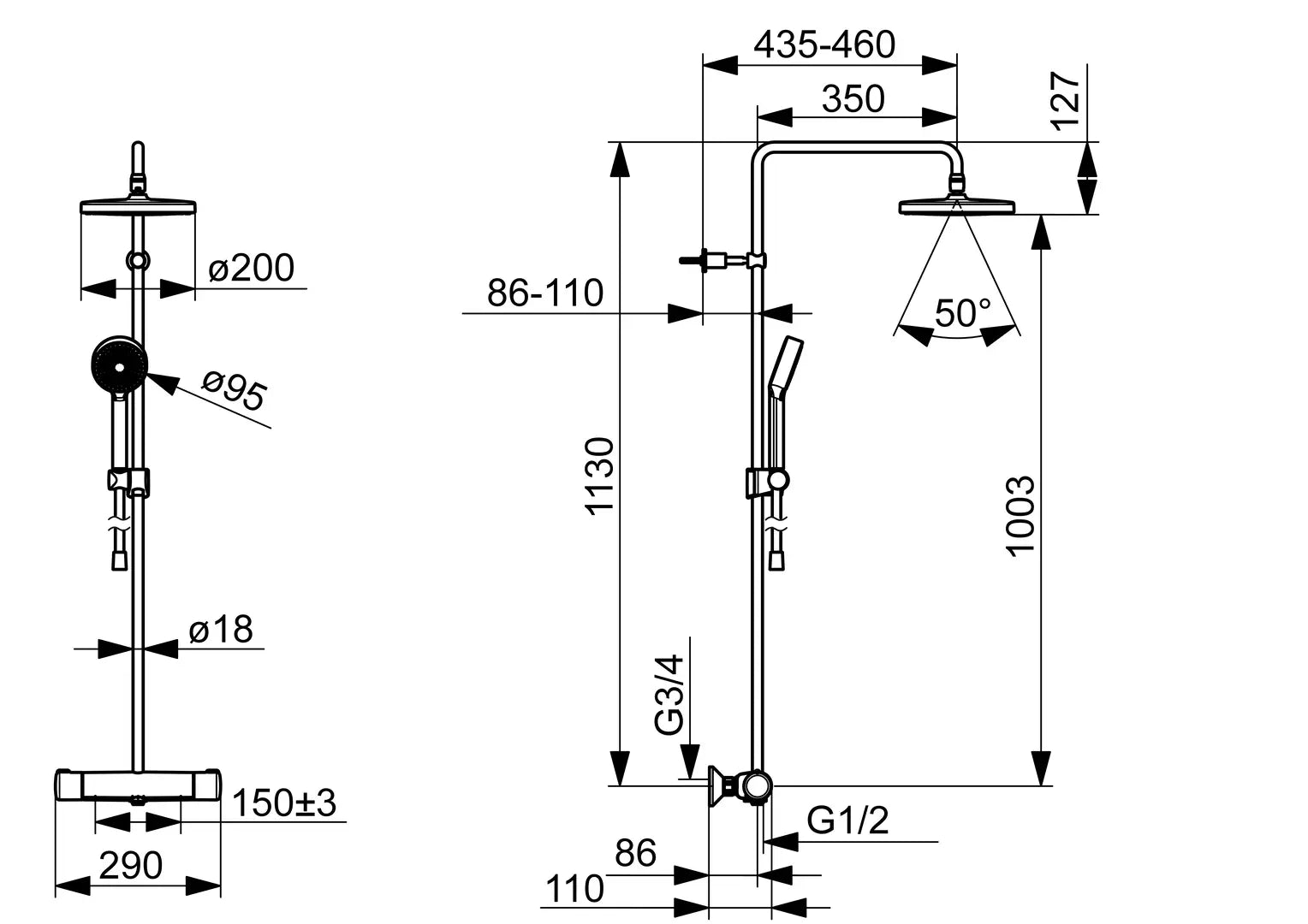 Oras Nova sadesuihkuhana, 7402-33, mattamusta, mittakuva