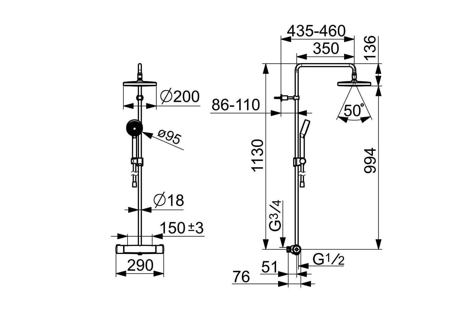 Oras Nova sadesuihkuhana, 7402, kromi, mittakuva