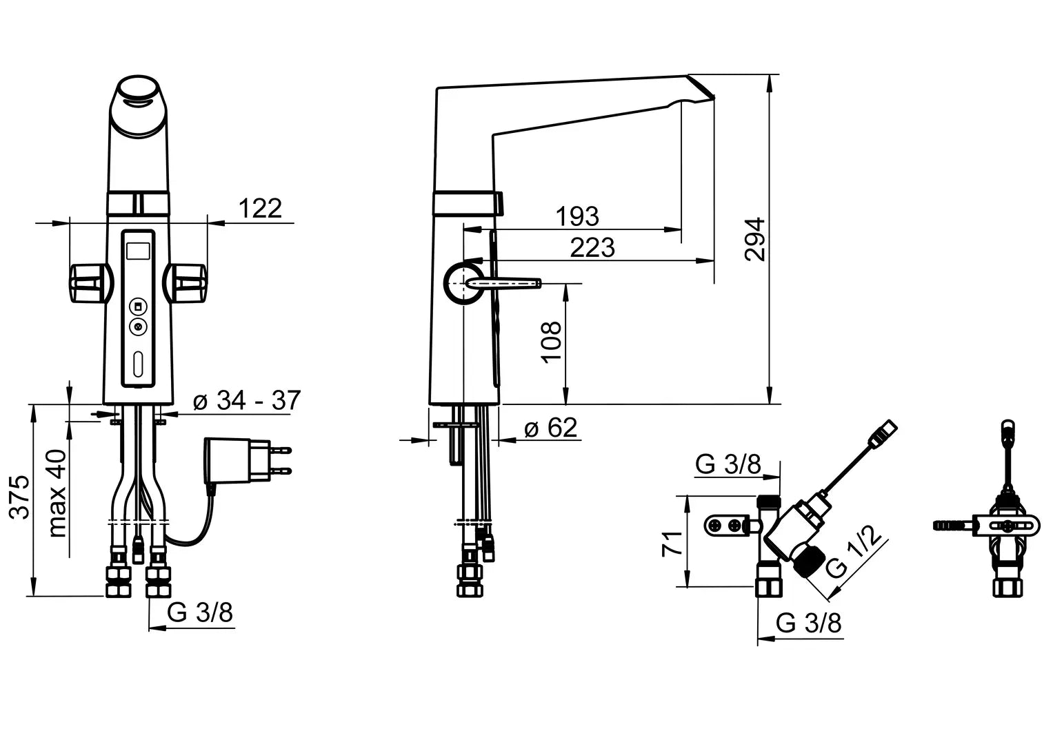 Oras Optima Hybrid keittiöhana, jossa pesukoneventtiili, 230/5 V, 2727F, kromi, mittakuva