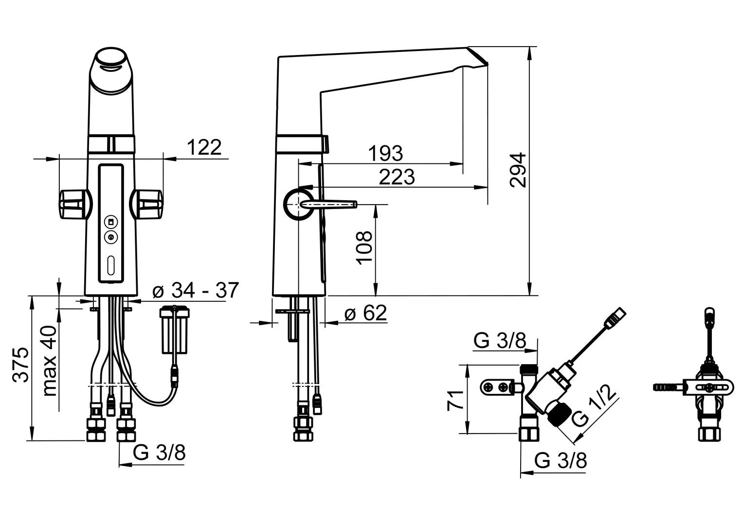 Oras Optima Hybrid keittiöhana, jossa pesukoneventtiili, 3 V, 2725F, kromi, mittakuva