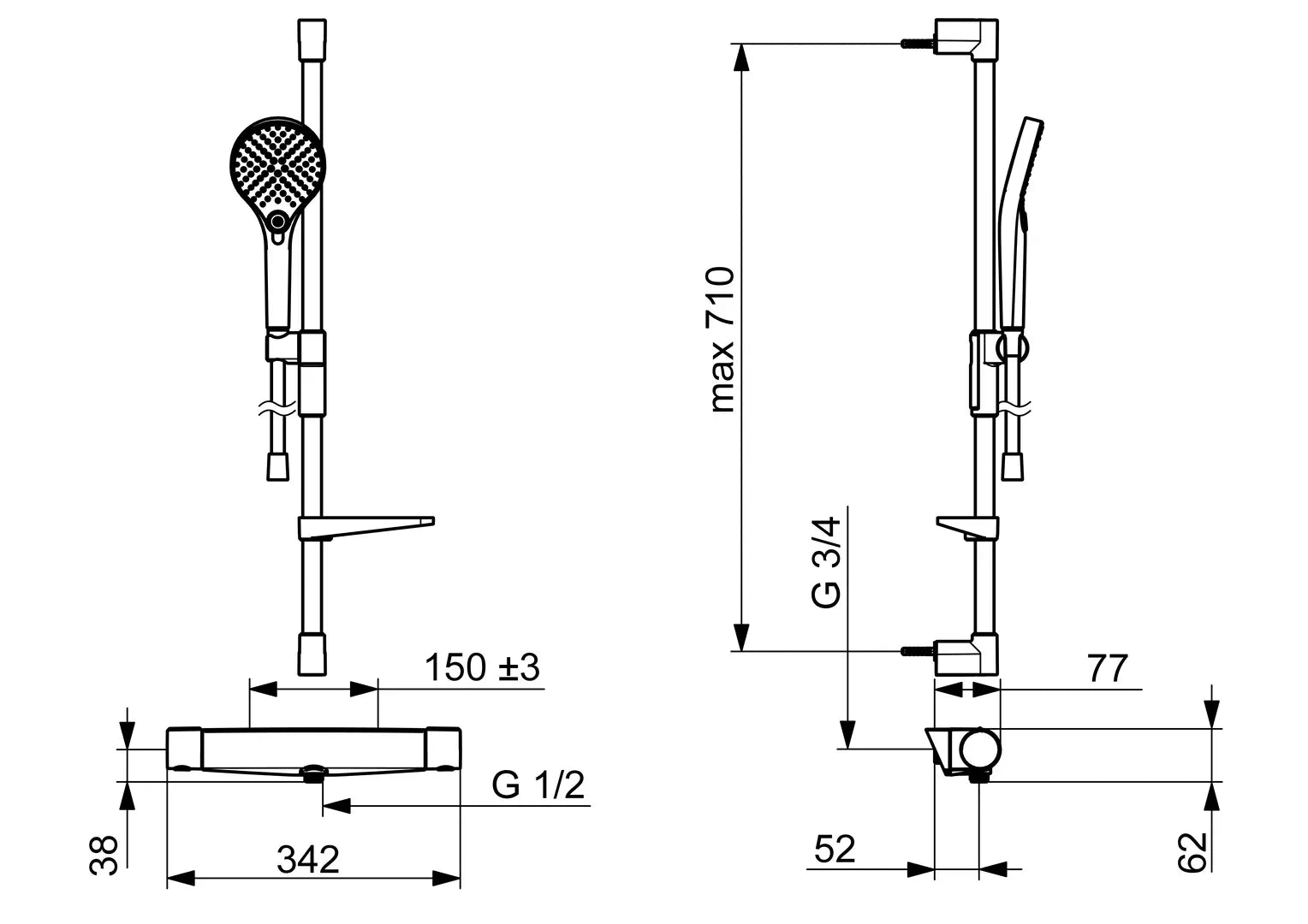 Oras Optima Style suihkuhana ja suihkusetti, 7169N, kromi, mittakuva