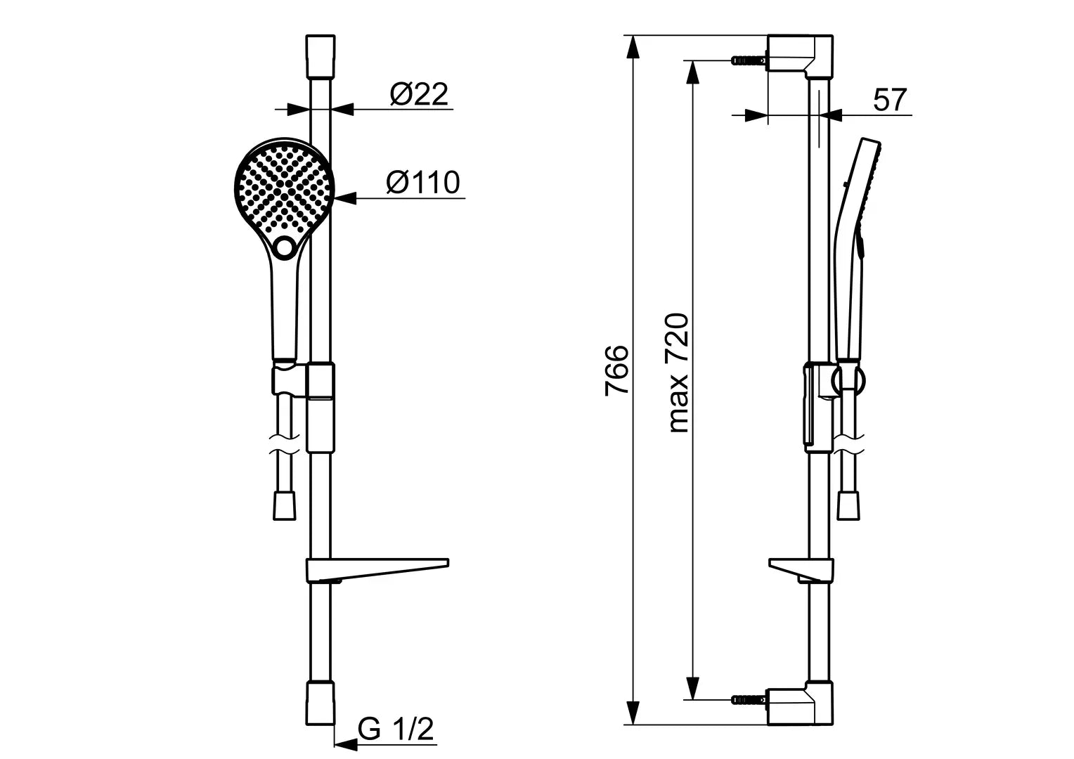 Oras Optima Style suihkusetti, 2790N, kromi, mittakuva