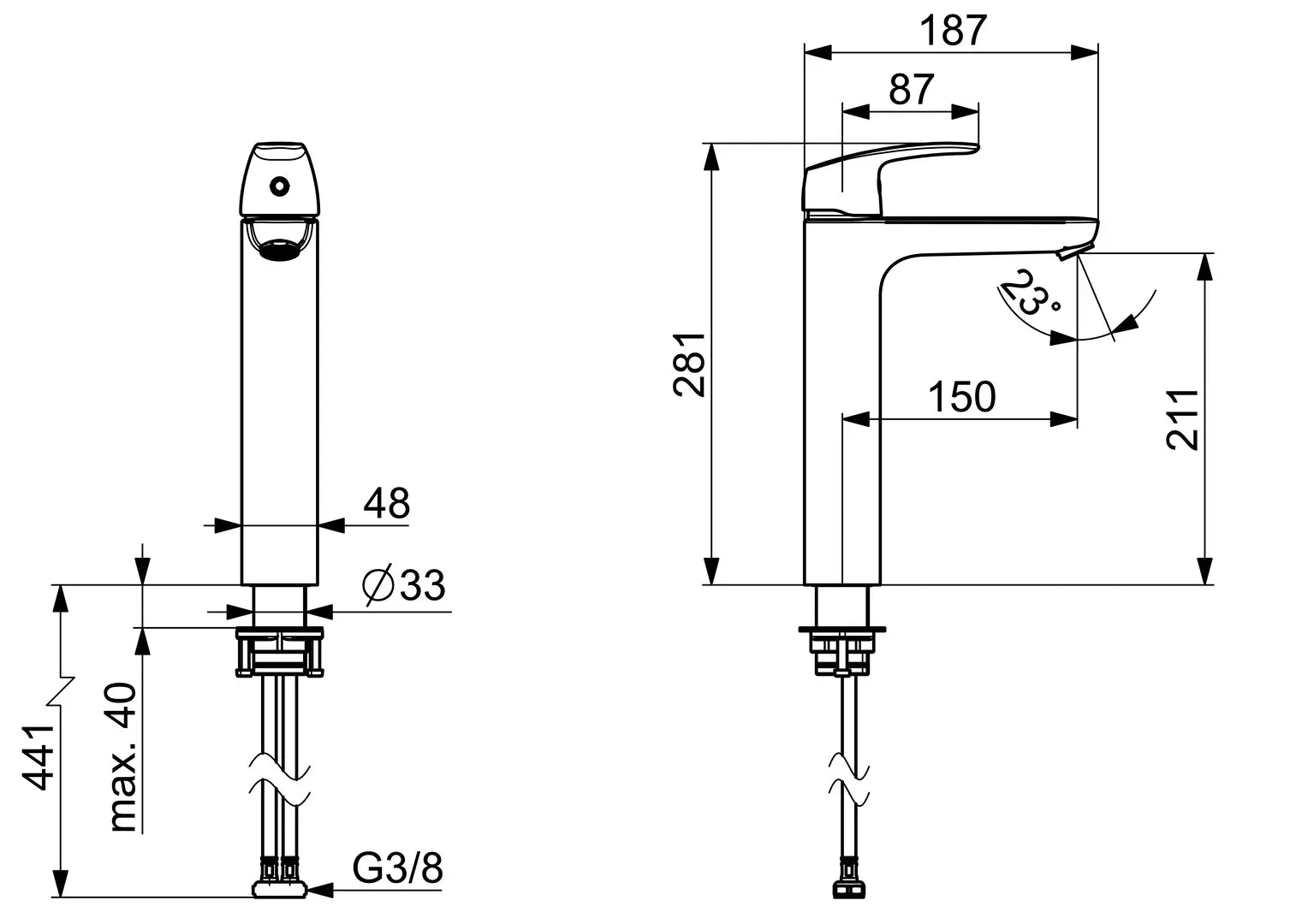 Oras Safira korkea pesuallashana, 1006F-33, mattamusta, mittakuva