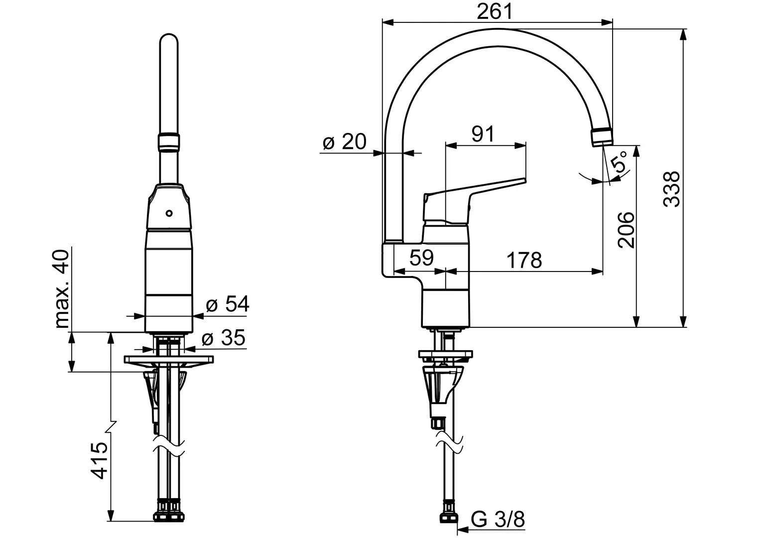 Oras Vega ECO keittiöhana, 1838FG-33, mattamusta, mittakuva