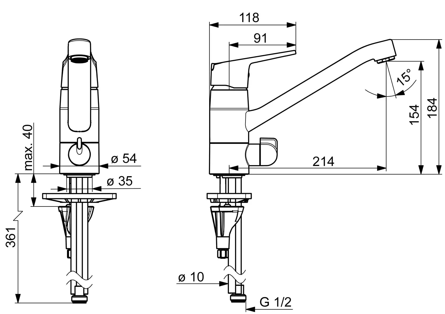 Oras Vega ECO keittiöhana, jossa pesukoneventtiili, 1825G, kromi, mittakuva