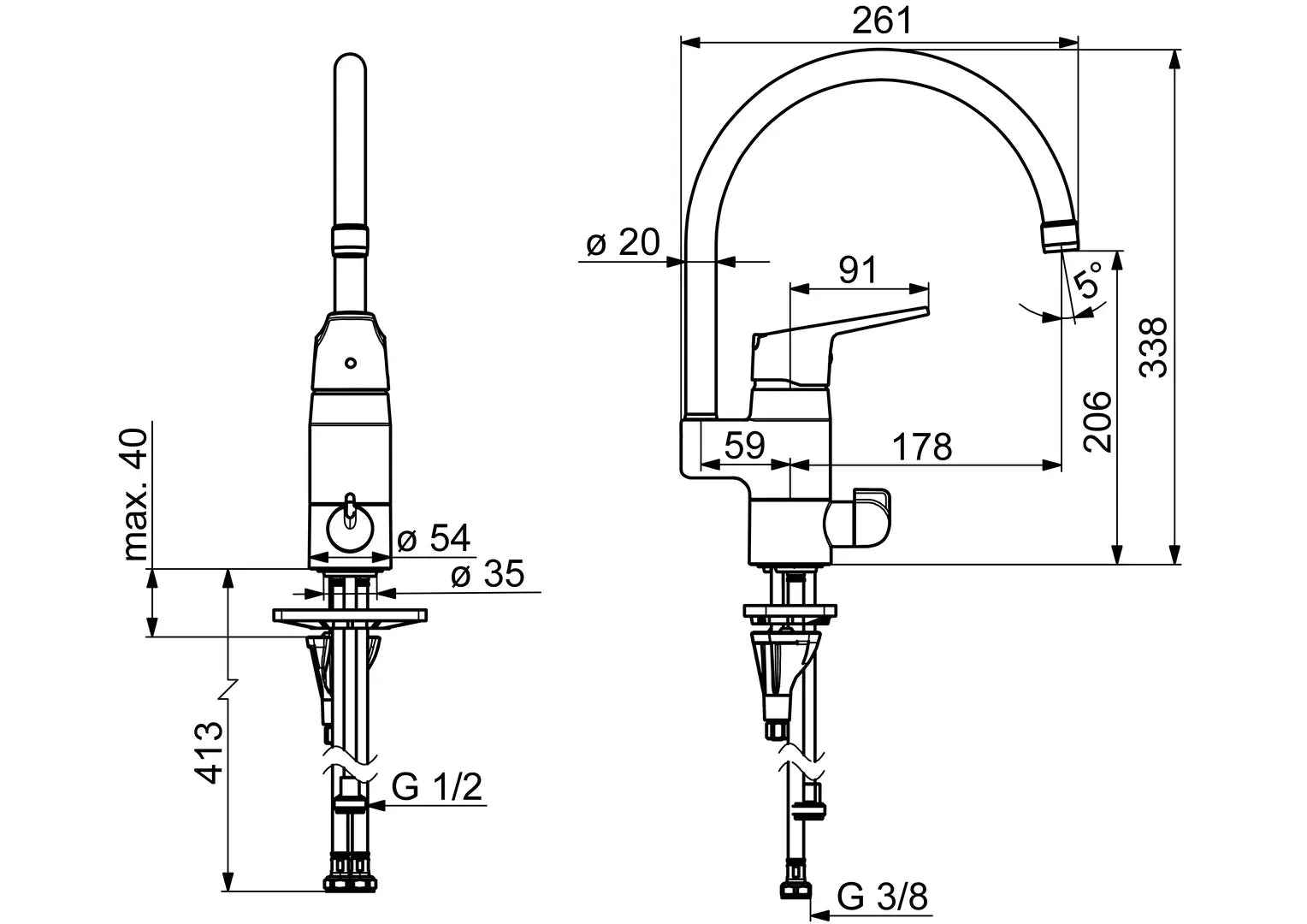 Oras Vega ECO keittiöhana, jossa pesukoneventtiili, 1839FG, kromi, mittakuva