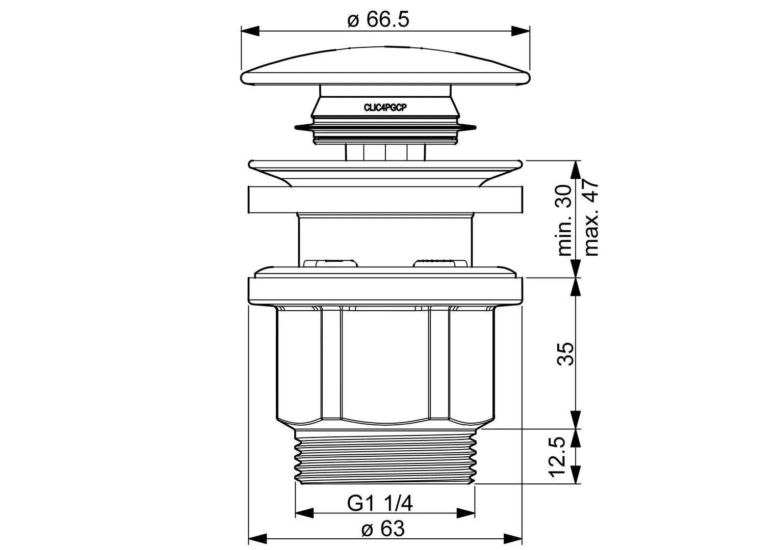 Oras helppokäyttöinen pohjaventtiili, 200060, kromi, mittakuva