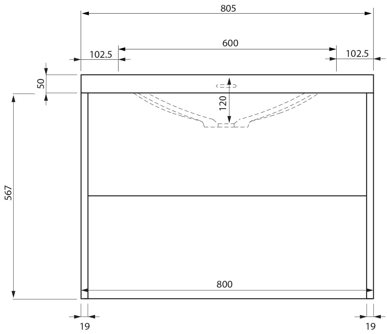 Otsoson AALTO PLUS COLOR kylpyhuoneryhmä 800, mittakuva