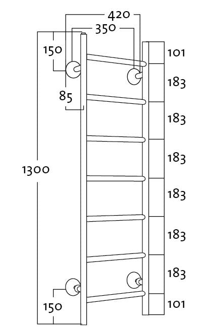 REJ Design Tango BTH 35130 vesitoiminen pyyhekuivain, mittakuva