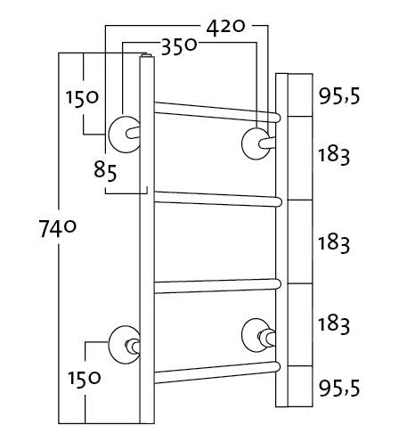 REJ Design Tango BTH 35744, vesitoiminen pyyhekuivain, mittakuva