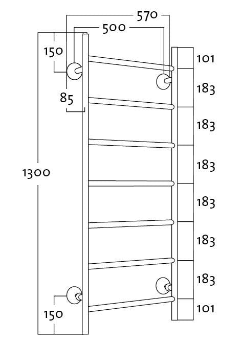 REJ Design Tango BTH 50130 pyyhekuivain, mittakuva