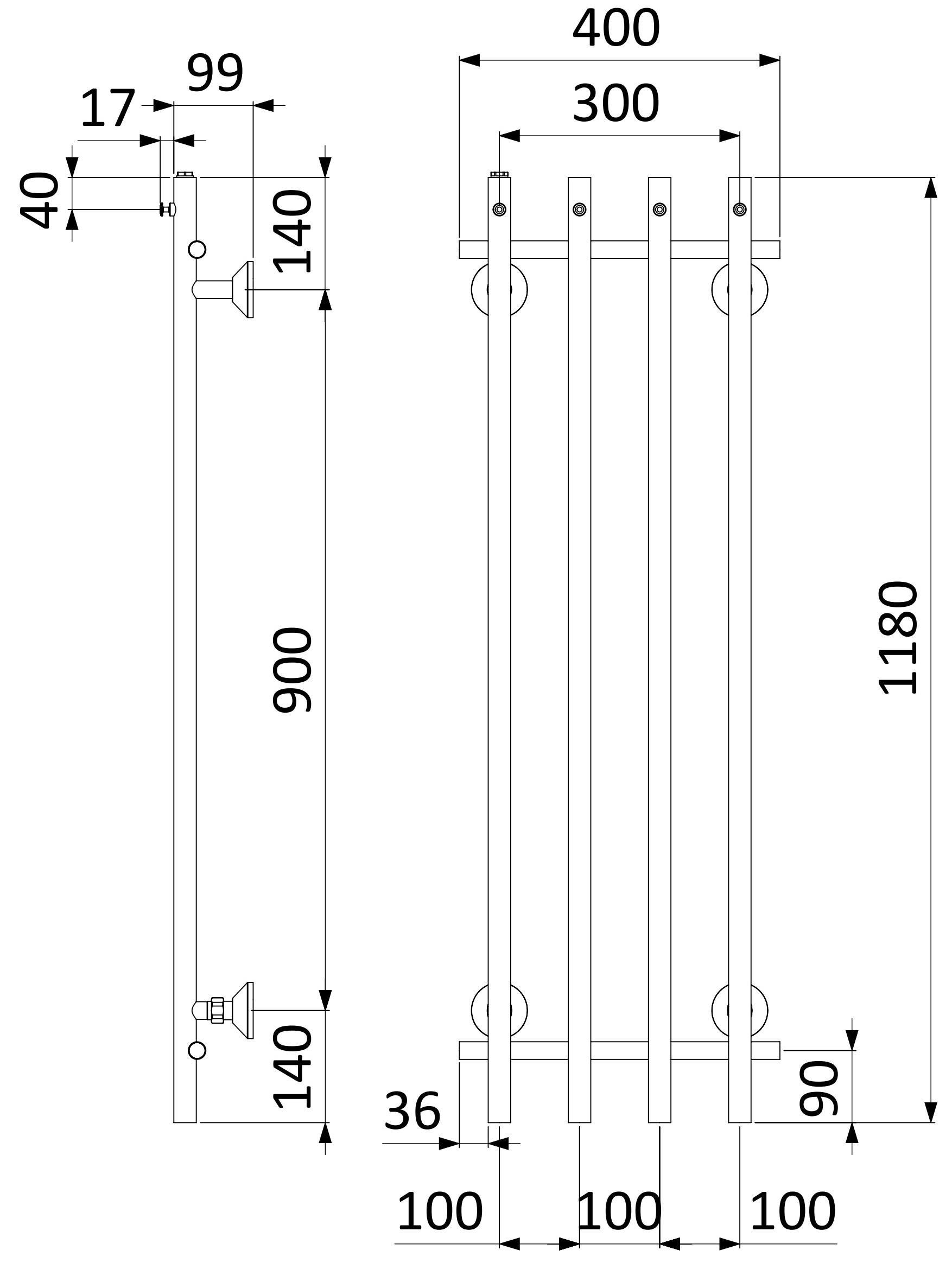 REJ Design Vivo BT 40124 kytkentäväli 300 mm pyyhekuivain, mittakuva