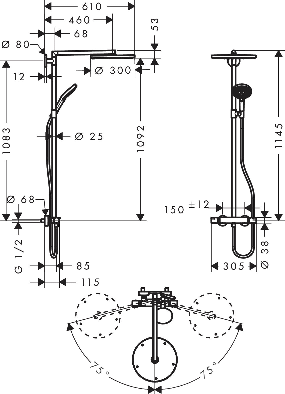 Raindance S Showerpipe 300 Air 1jet, suihkutermostaatti, 27858000, kromi, mittakuva
