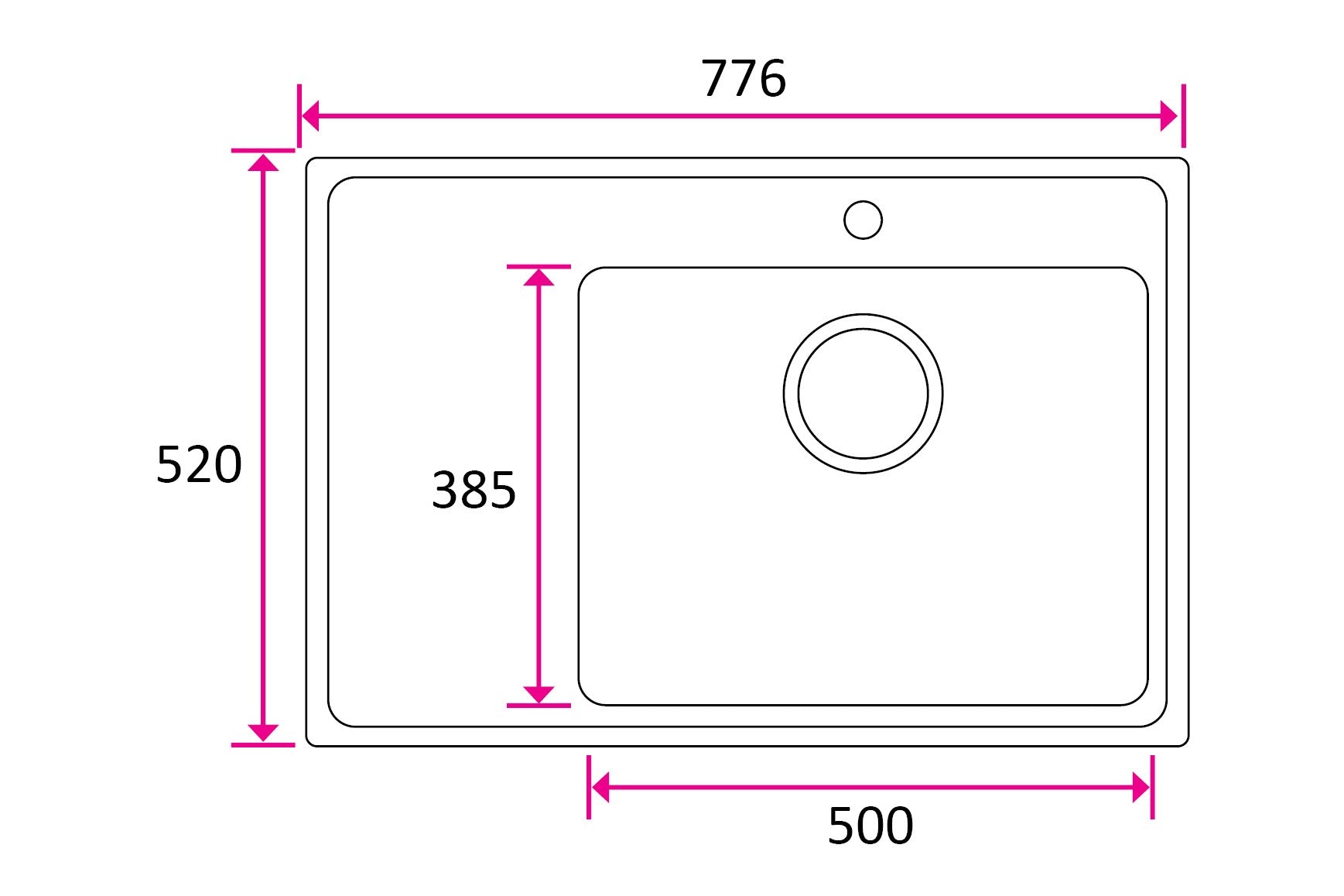 Stala ONE-TDL50 keittiöallas, laskutaso vasemmalla, mittakuva