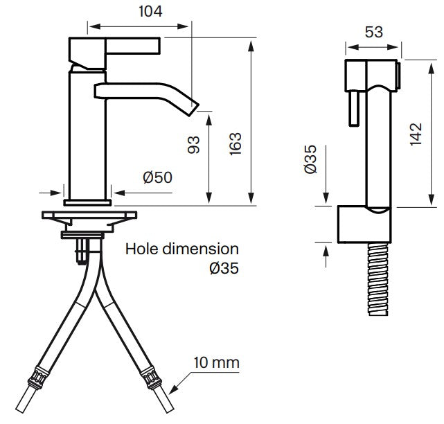 Tapwell ARM069 pesuallashana käsisuihkulla, mittakuva