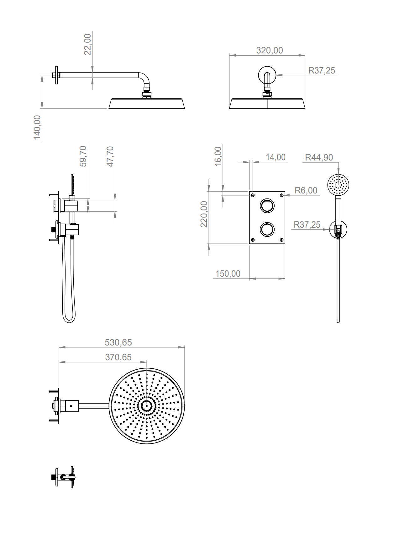 Tapwell ARM7268 piiloasennettava sadesuihku, mittakuva