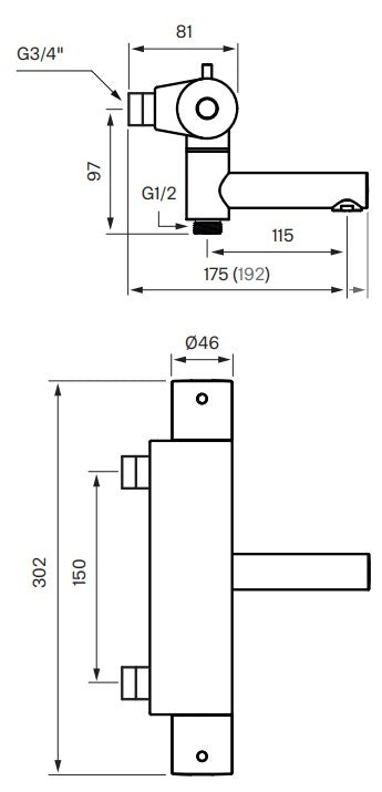Tapwell EVM022 amme- ja suihkuhana, mittakuva