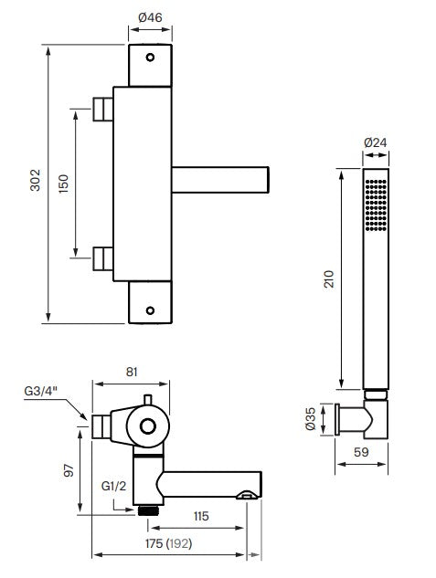Tapwell EVM026 amme- ja suihkuhana, mittakuva