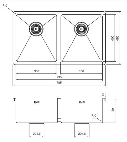 Tapwell TA4040 keittiöallaspaketti, mittakuva
