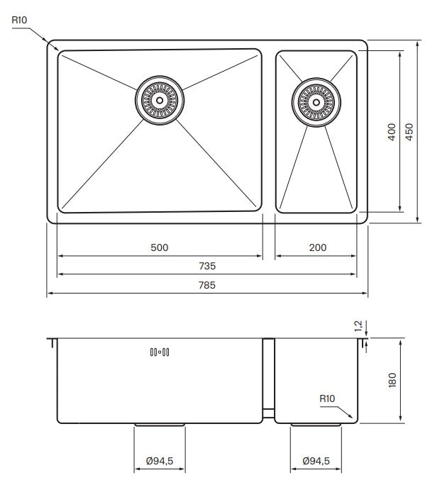 Tapwell TA7040 keittiöallaspaketti, mittakuva