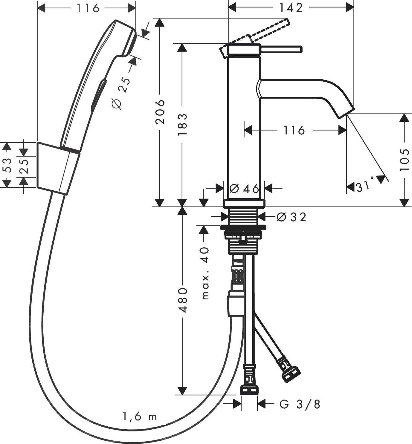 Tecturis S Yksiote pesuallashana 110 Bidette ilman pohjaventtiiliä 160 cm suihkuletkulla, 73211670, mattamusta, mittakuva