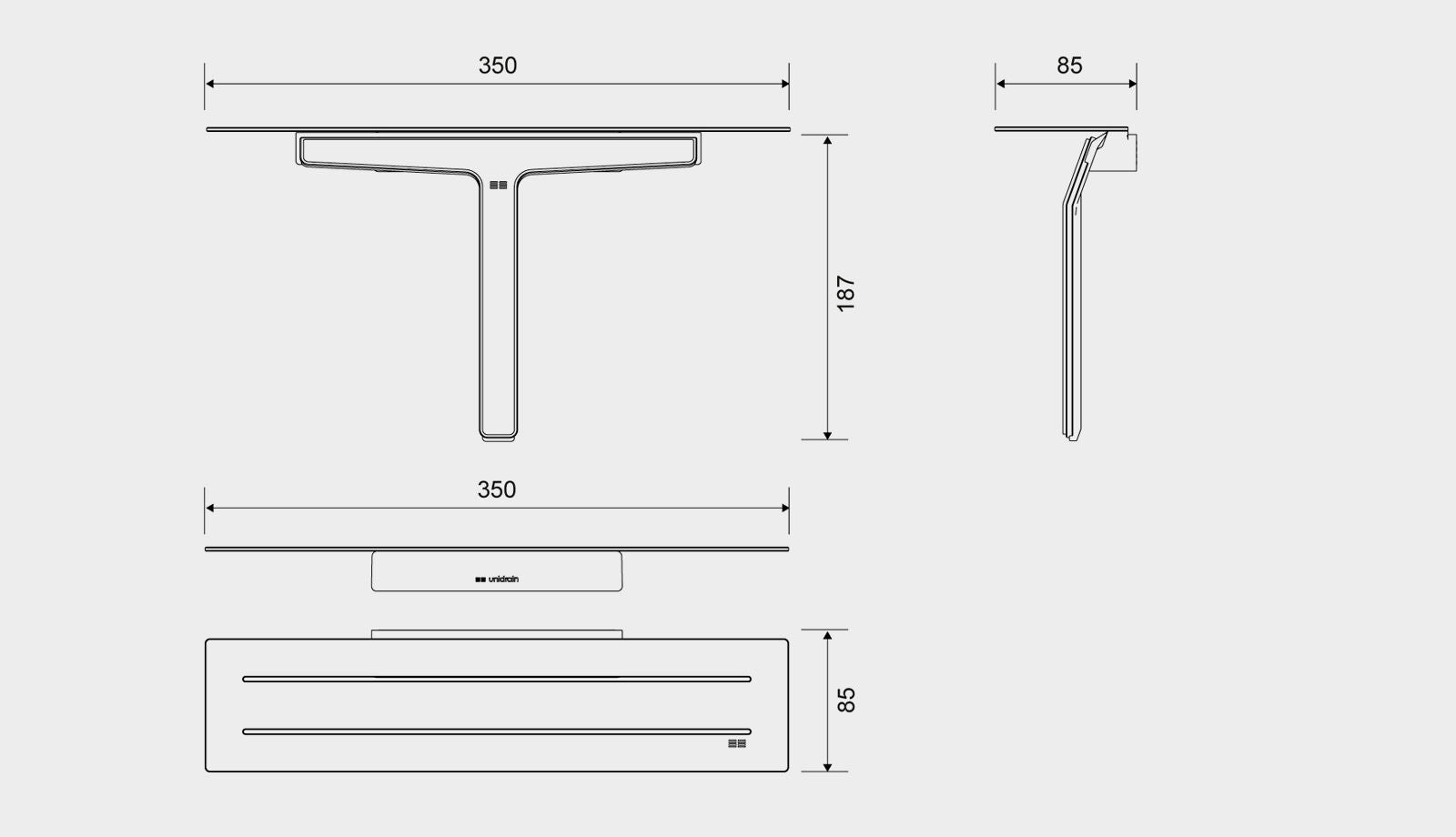 Unidrain Reframe Collection Saippuahylly ja suihkulasta, mittakuva