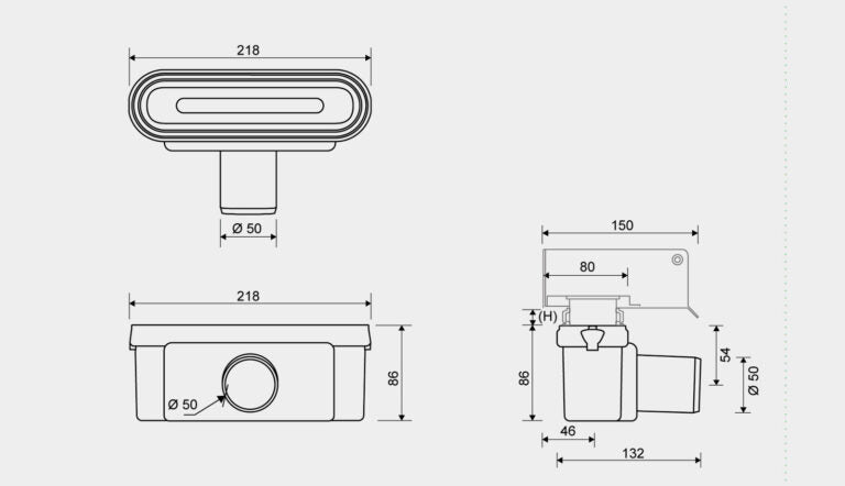 Unidrain viemärikaivo, vaakakaivo Ø 50 mm, sisältää vesilukon, mittakuva