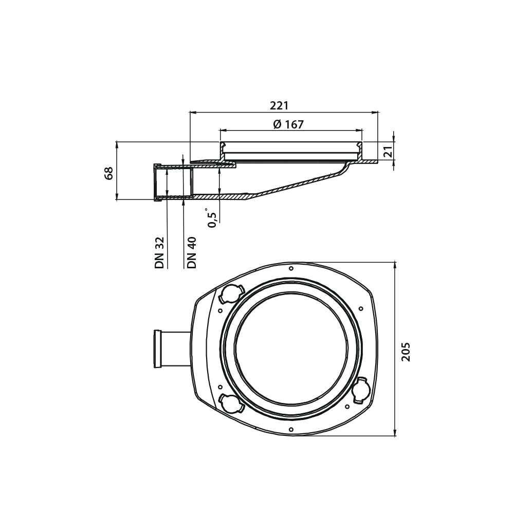 Vieser One kuivakaivo DN32/40 mittakuva