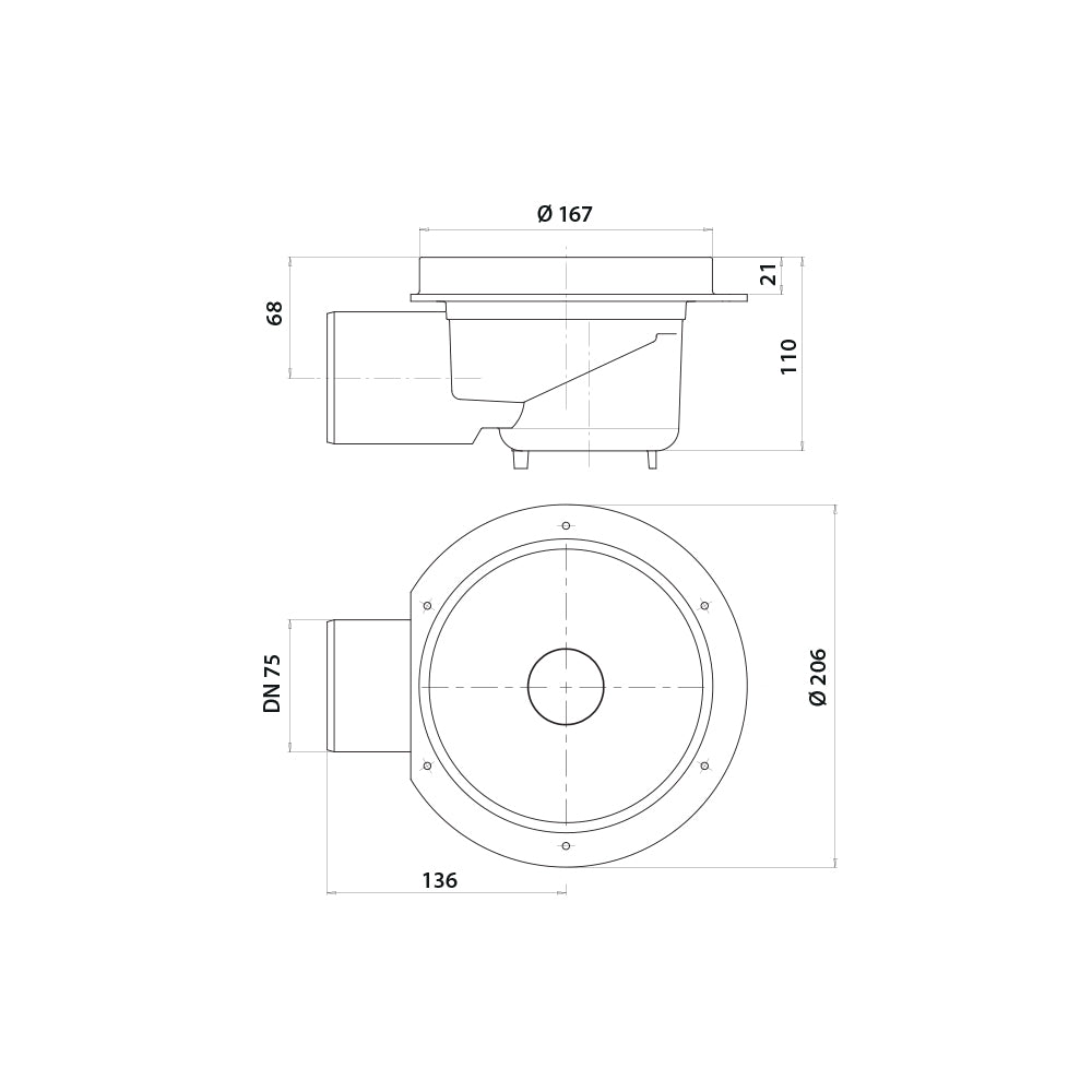 Vieser matala vaakakaivo DN75, mittakuva
