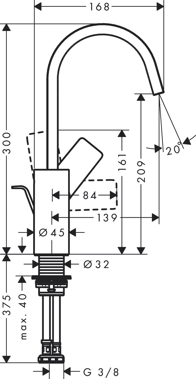 Vivenis Yksiote pesuallashana 210 vipupohjaventtiilillä, kääntyvä juoksuputki, 75030000, kromi, mittakuva