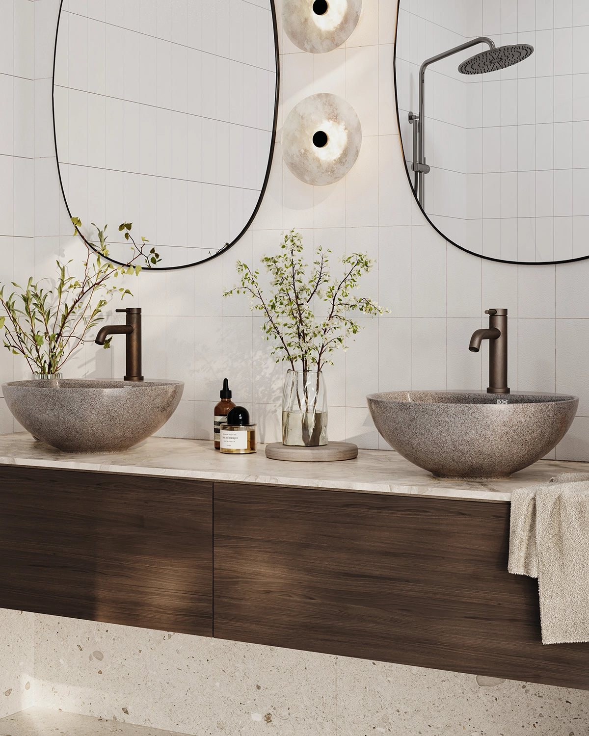 Woodio soft40 malja-allas hanapaikalla, tyylikäs kylpyhuone