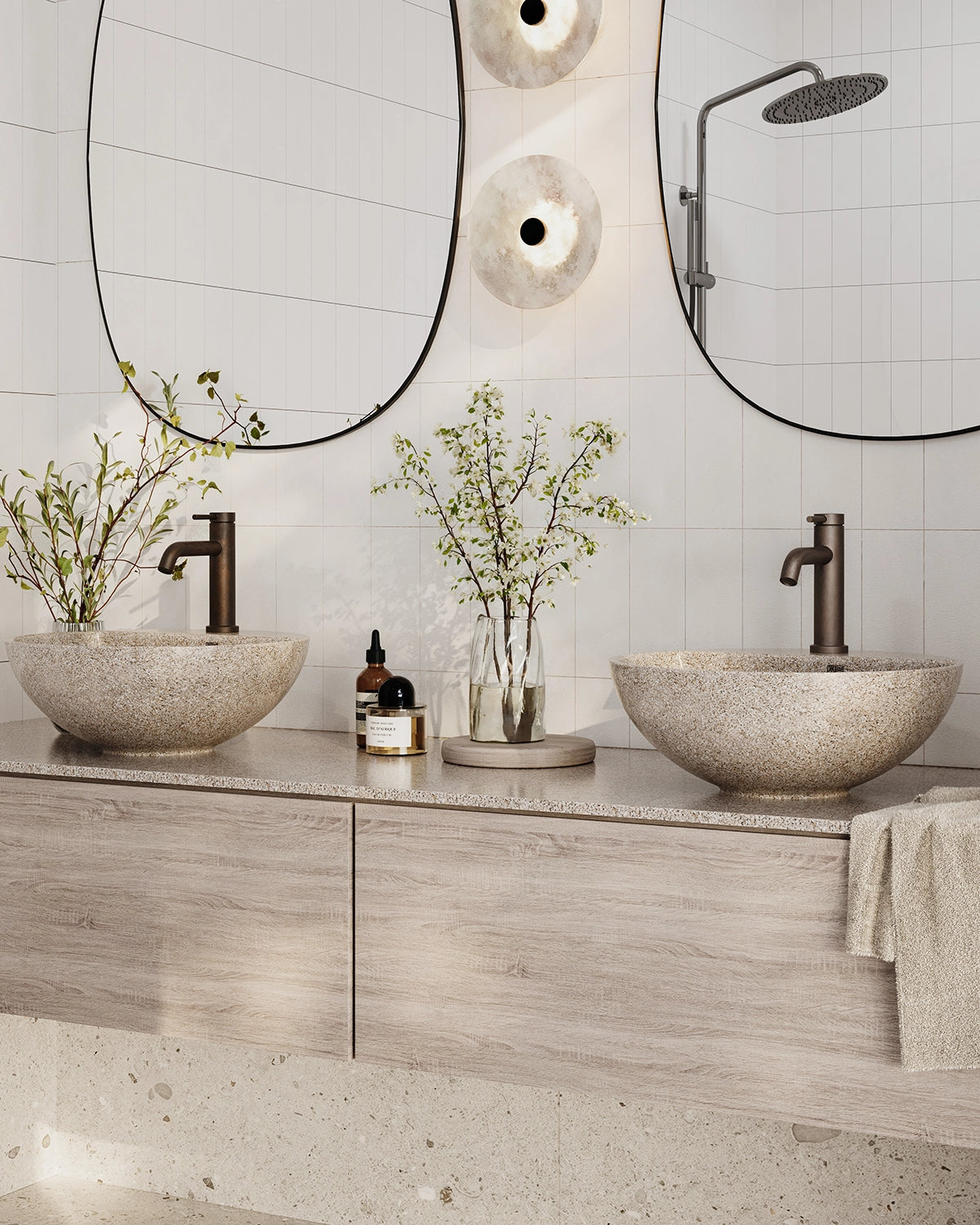 Woodio soft40 malja-allas hanapaikalla, kaunis kylpyhuone kahdella altaalla ja pesuallashanalla