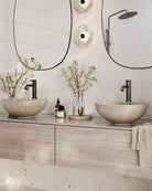 Woodio soft40 malja-allas hanapaikalla, kaunis kylpyhuone kahdella altaalla ja pesuallashanalla