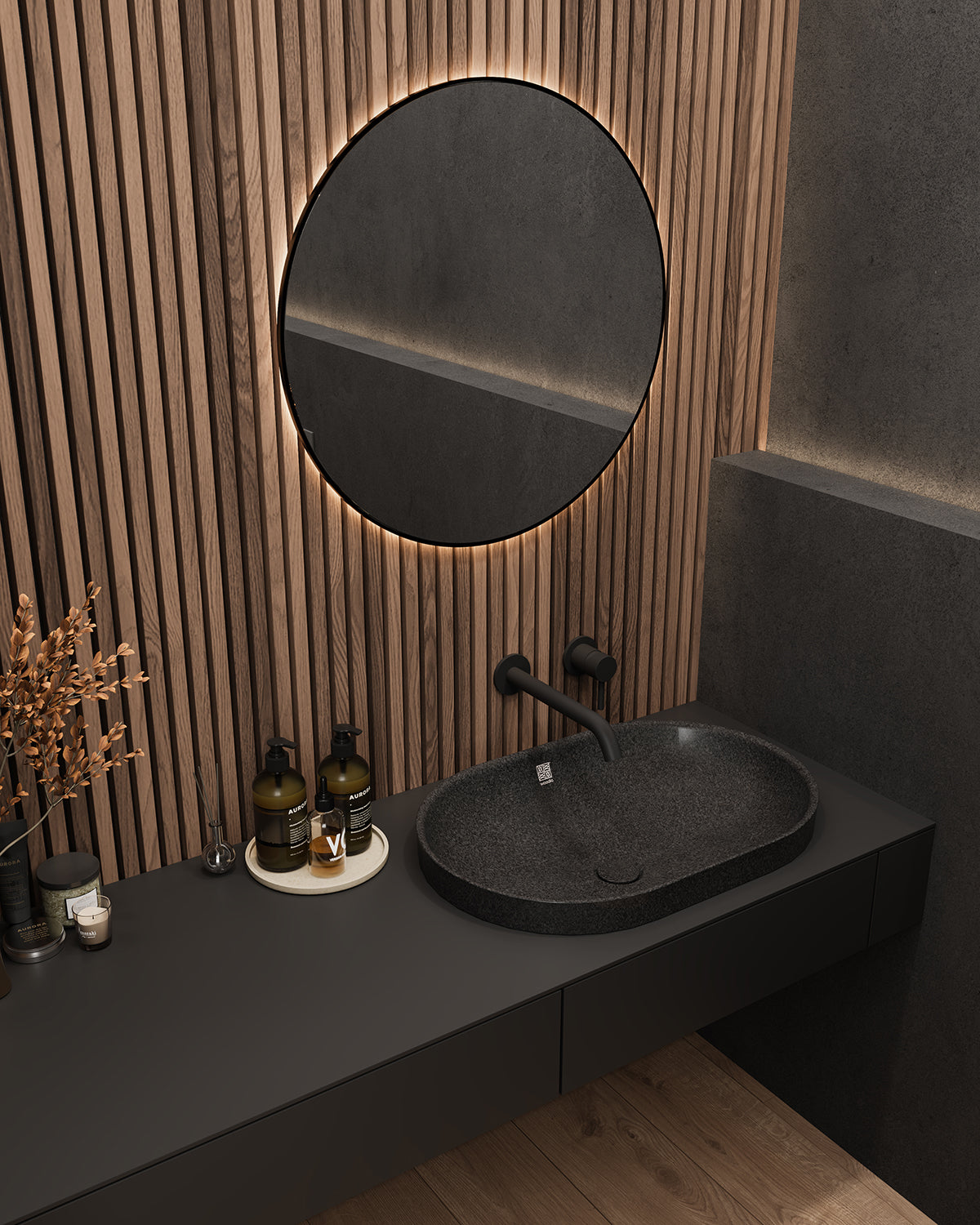 Woodio Soft60 upotettava pesuallas Coal, kylpyhuoneen sisustus