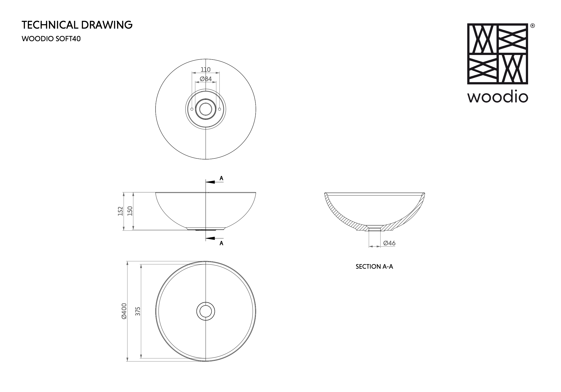 Woodio Soft40 malja-allas, mittakuva