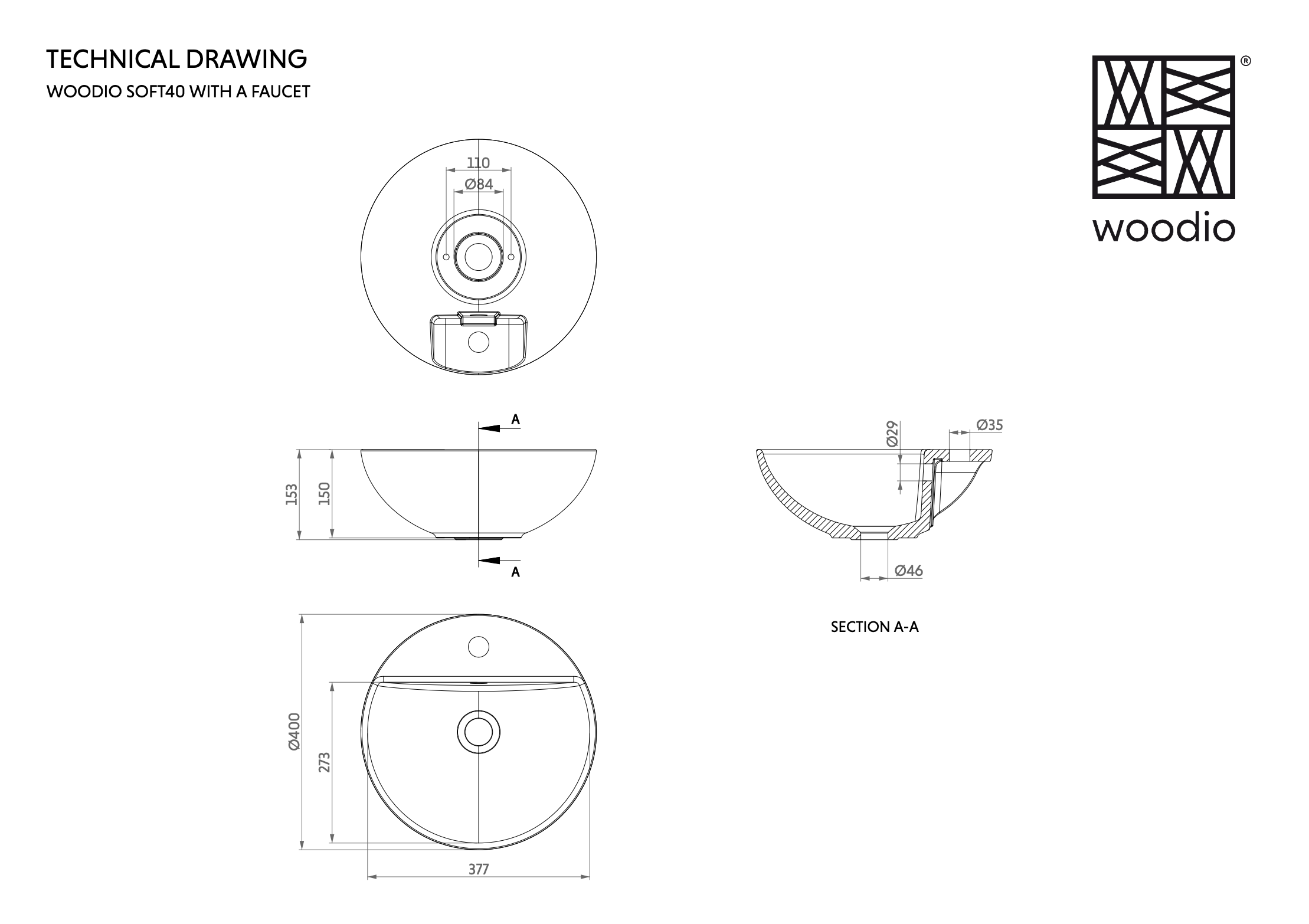 Woodio soft40 malja-allas hanapaikalla, mittakuva