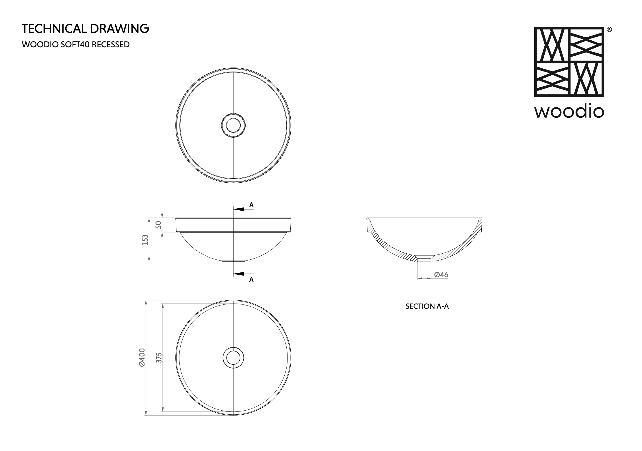 Woodio soft40 upotettava pesuallas, mittakuva