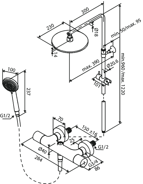 Damixa CORE Suihkupaketti, 599546135, mattamusta, mittakuva