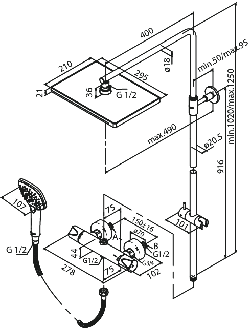 Damixa SLATE 4 Suihkupaketti, 579213035, kromi/musta, mittakuva