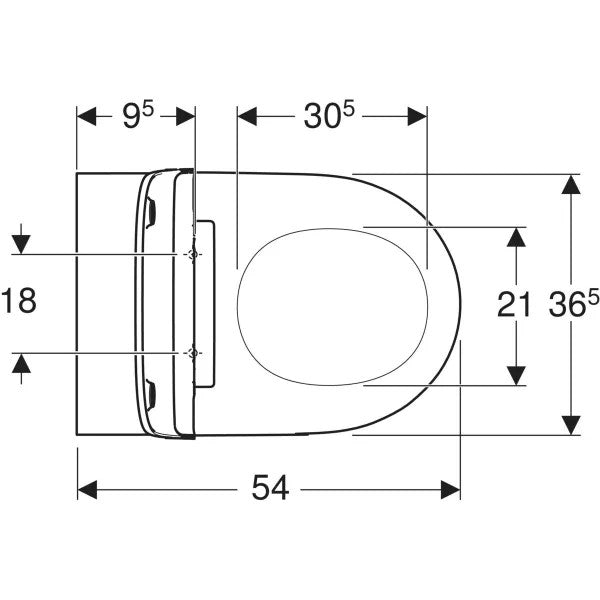 Geberit ONE -seinä-WC rimfree, suljettu muoto, TurboFlush, sisältää WC-istuinkannen, mittakuva ylä