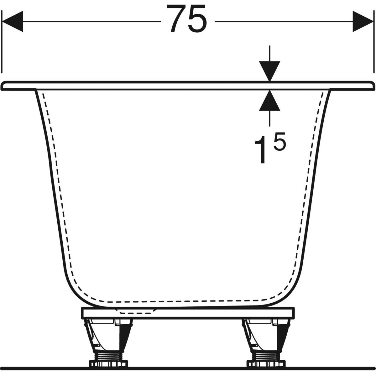 Geberit Soana -suorakulmainen kylpyamme, slim rim, Duo, jaloilla 170cm, mittakuva