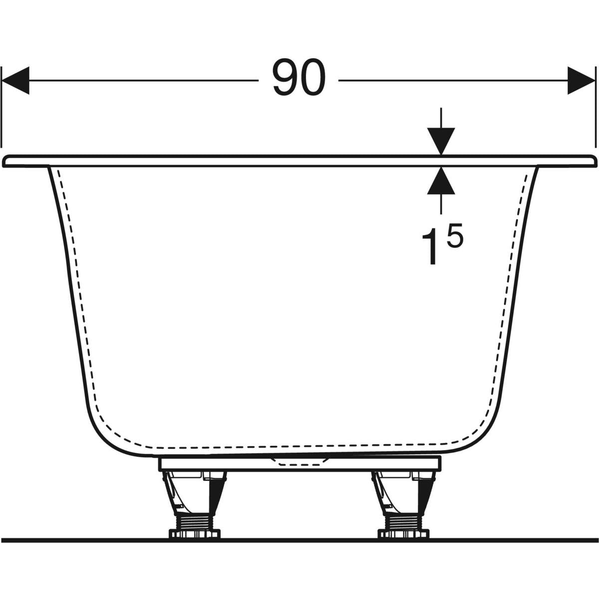 Geberit Soana -suorakulmainen kylpyamme, slim rim, Duo, jaloilla 190cm, mittakuva