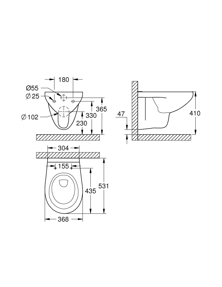 Grohe Bau Ceramic rimless seinä-WC, 39427000, wc-istuin mittakuva