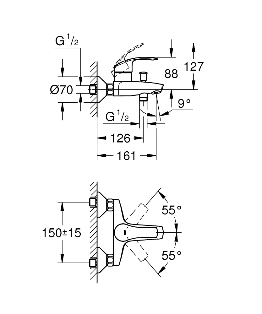 Grohe Eurosmart amme- ja suihkuhana, 23948002, mittakuva